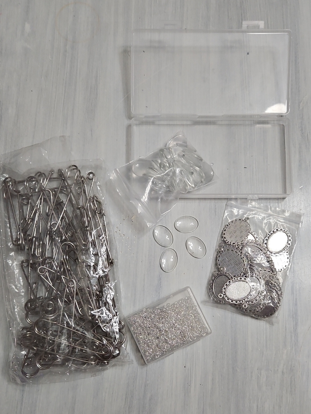 Silver Jewelry Making Kit - Large Safety Pins & Photo Blanks With Jump Rings